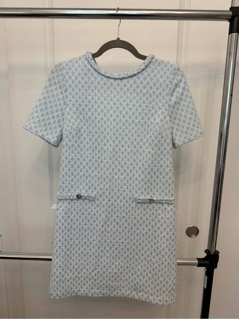 Rachel Zoe Classic Short-Sleeve Tweed Shift Dress - Light Blue